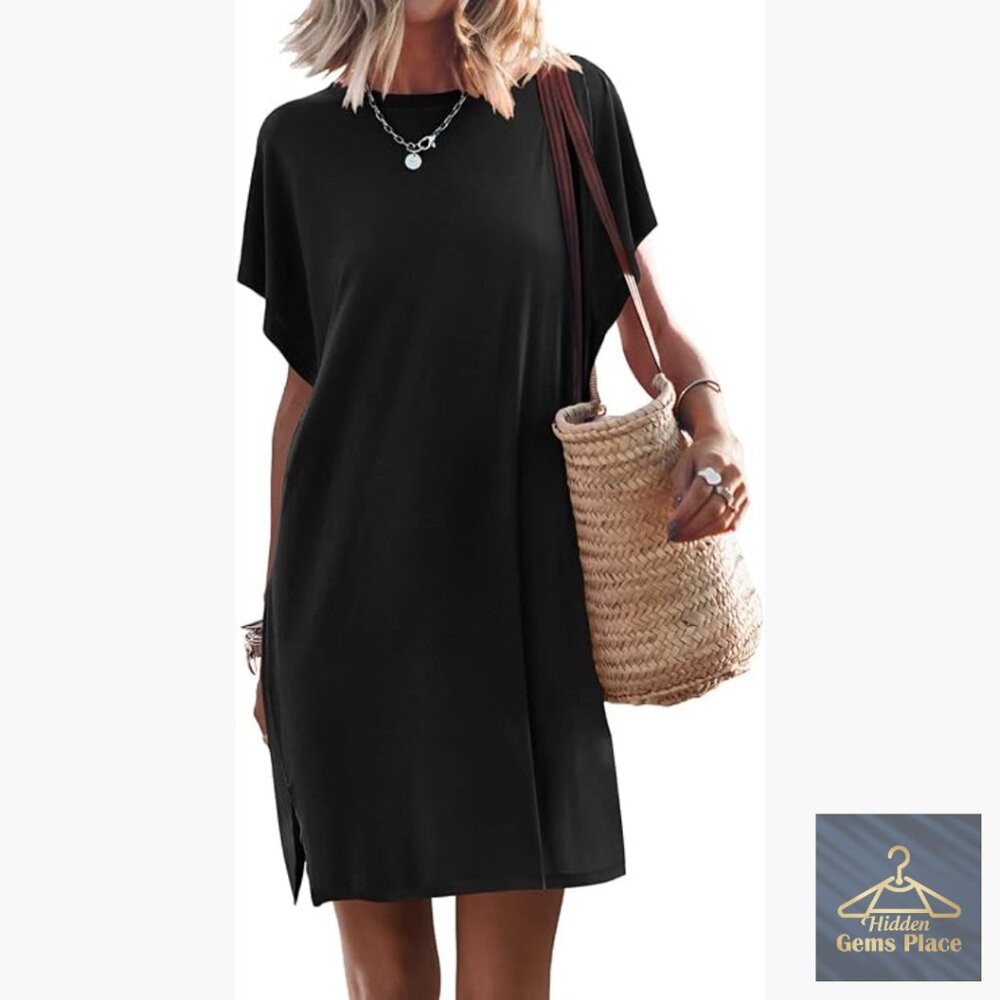 Soft Lyocell Mini T-Shirt Dress with Slit, Casual Beach Cover Up